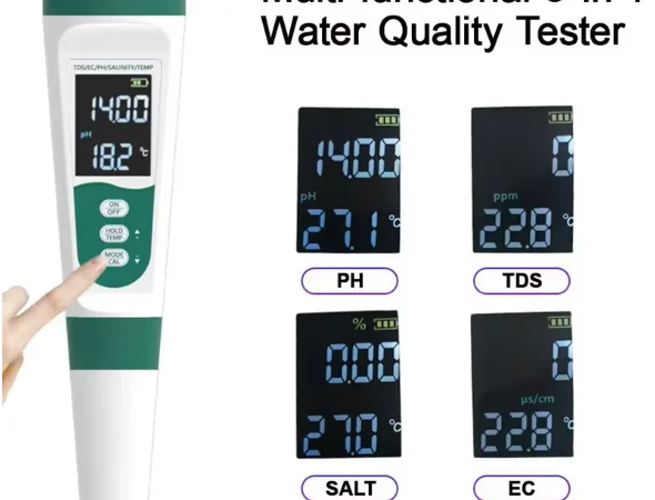 5-in-1 digitaalne vee kvaliteedi tester pH, TDS, EC, soolsuse ja temperatuuri mõõtmiseks