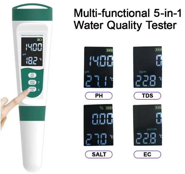 5-in-1 vee kvaliteedi tester pH, TDS, EC, soolsus ja temperatuur